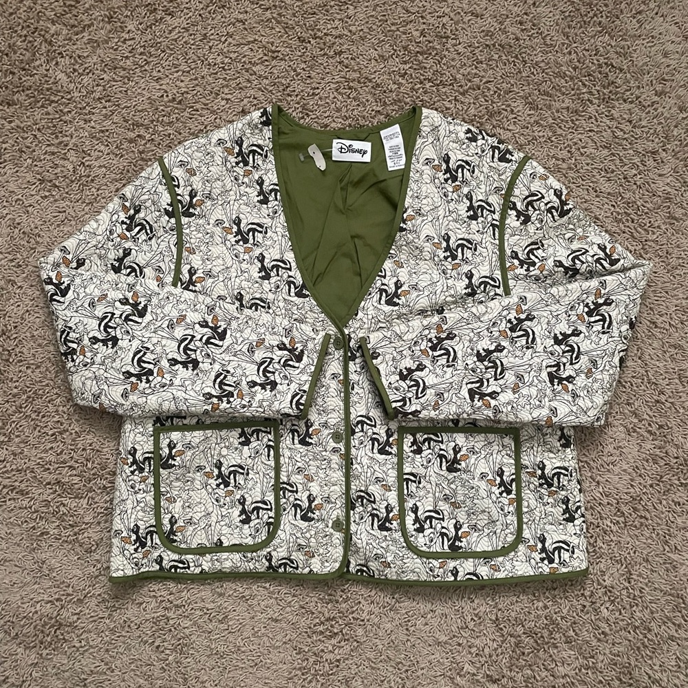 Disney Bambi Quilted Cardigan Jacket Women Sz XL Green Pockets Cottage Happy